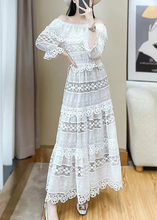 Stylish White Slash Neck Hollow Out Lace Two Pieces Set Butterfly Sleeve