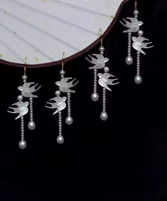 Stylish White Sterling Silver Pearl Little Swallow Tassel Drop Earrings