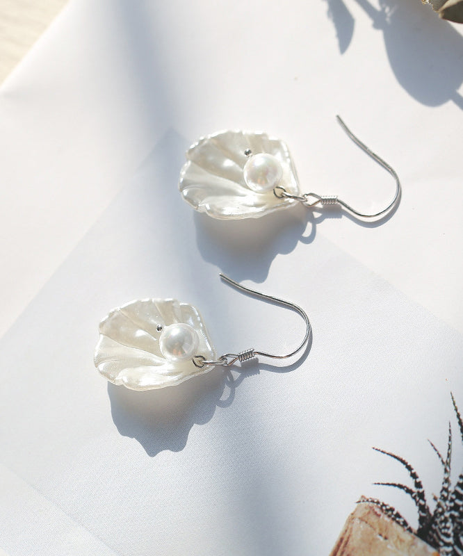 Stylish White Sterling Silver Pearl Shell Drop Earrings