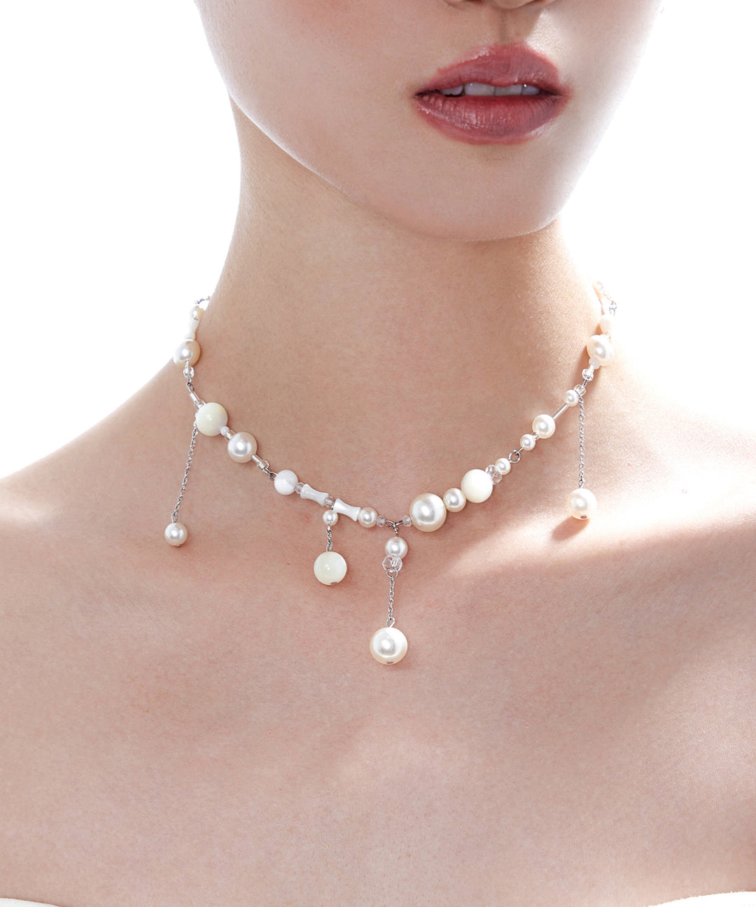 Stylish White Tassel Pearl Adjustable Silver Choker