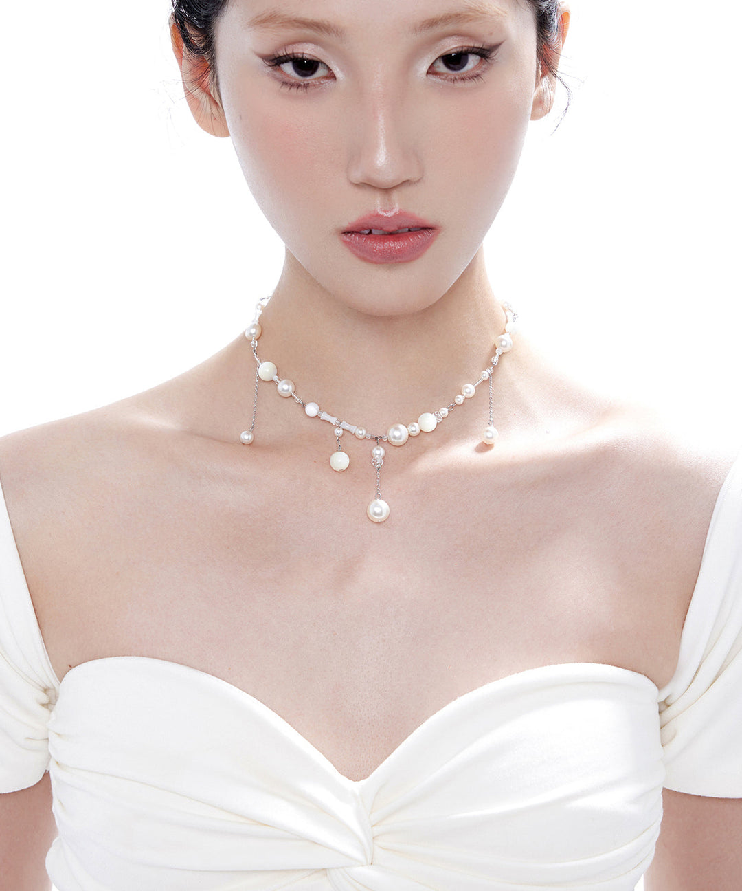 Stylish White Tassel Pearl Adjustable Silver Choker