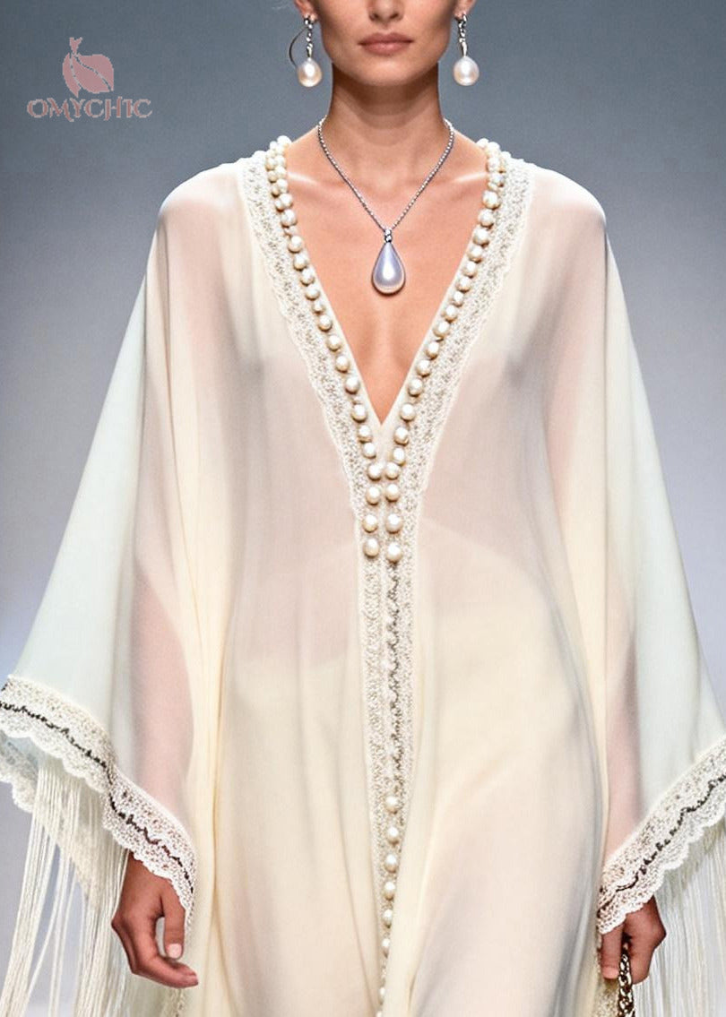 Stylish White Tasseled Handmade Pearls Chiffon Holiday Dress Summer