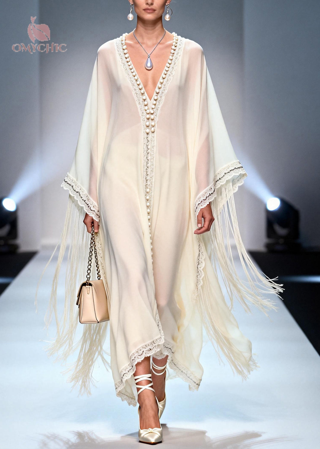 Stylish White Tasseled Handmade Pearls Chiffon Holiday Dress Summer