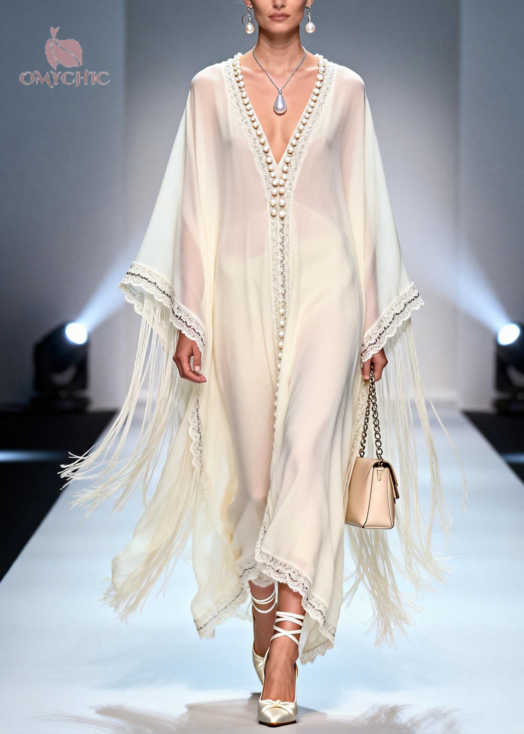 Stylish White Tasseled Handmade Pearls Chiffon Holiday Dress Summer