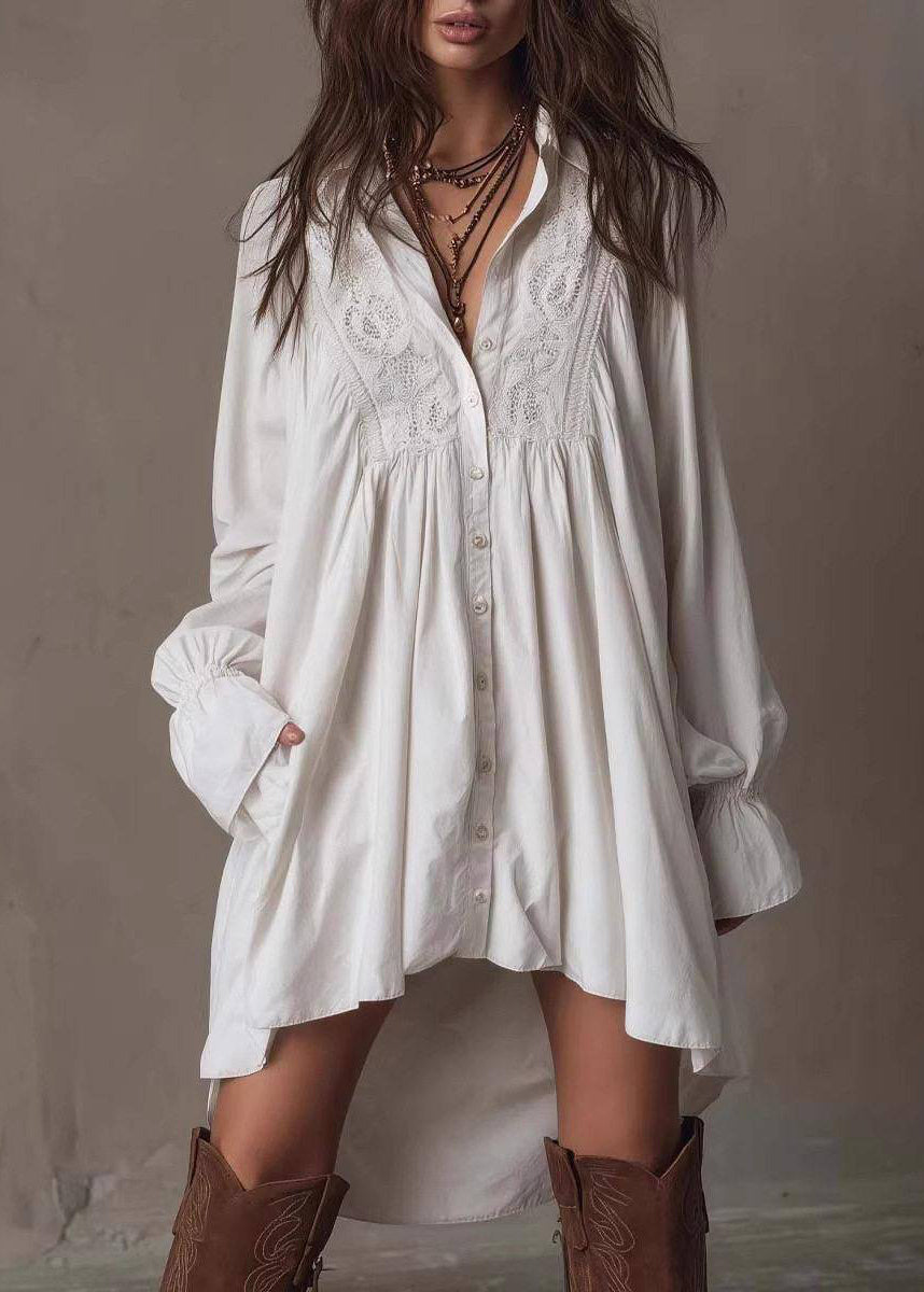 Stylish White Turn-Down Collar Low High Design Cotton Dress Long Sleeve