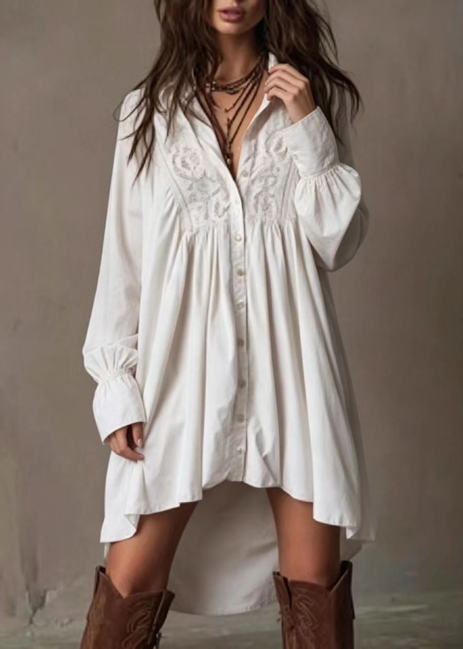 Stylish White Turn-Down Collar Low High Design Cotton Dress Long Sleeve
