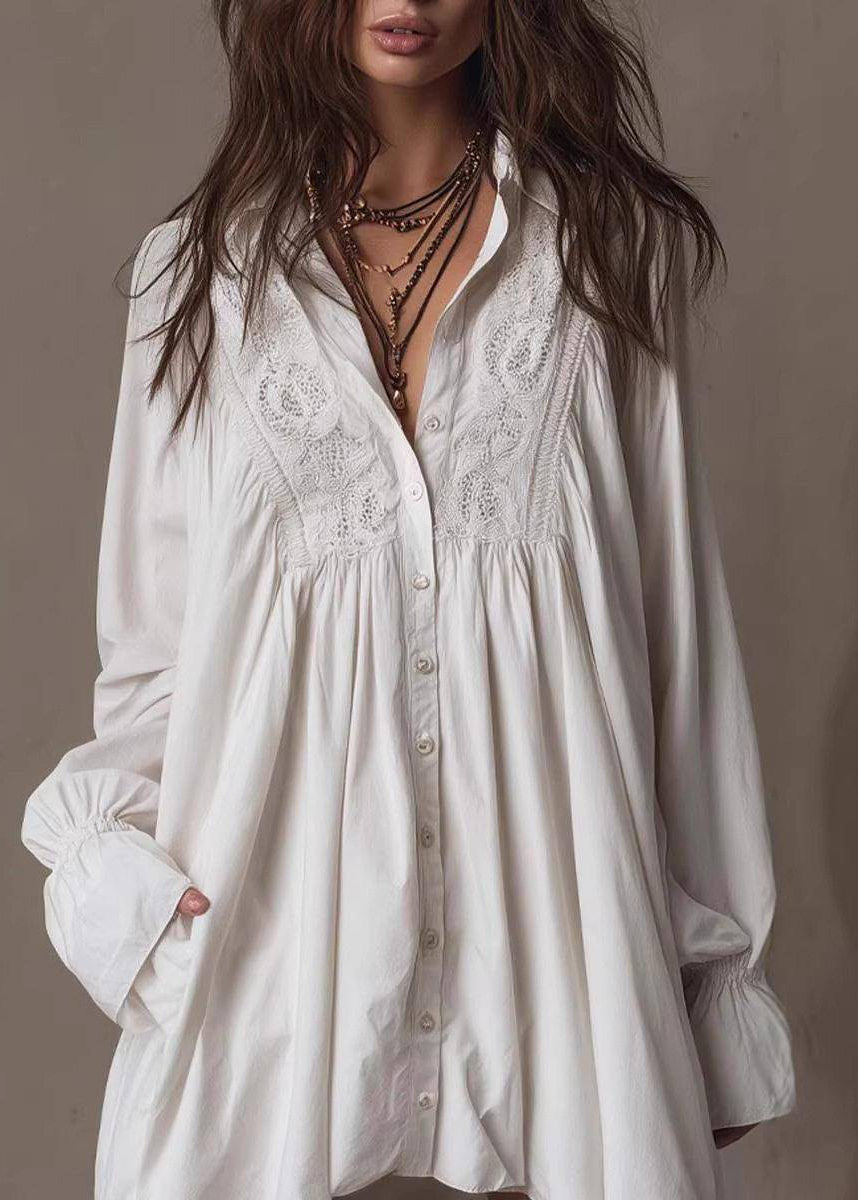 Stylish White Turn-Down Collar Low High Design Cotton Dress Long Sleeve