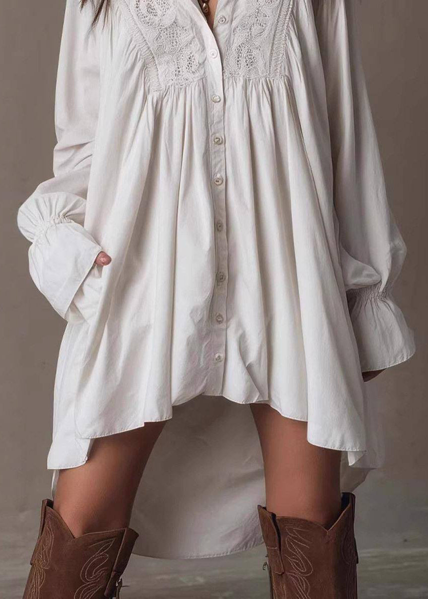 Stylish White Turn-Down Collar Low High Design Cotton Dress Long Sleeve