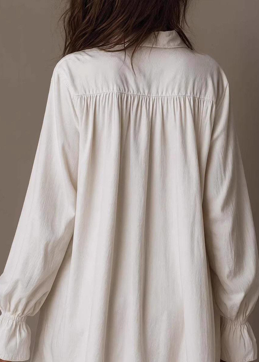 Stylish White Turn-Down Collar Low High Design Cotton Dress Long Sleeve