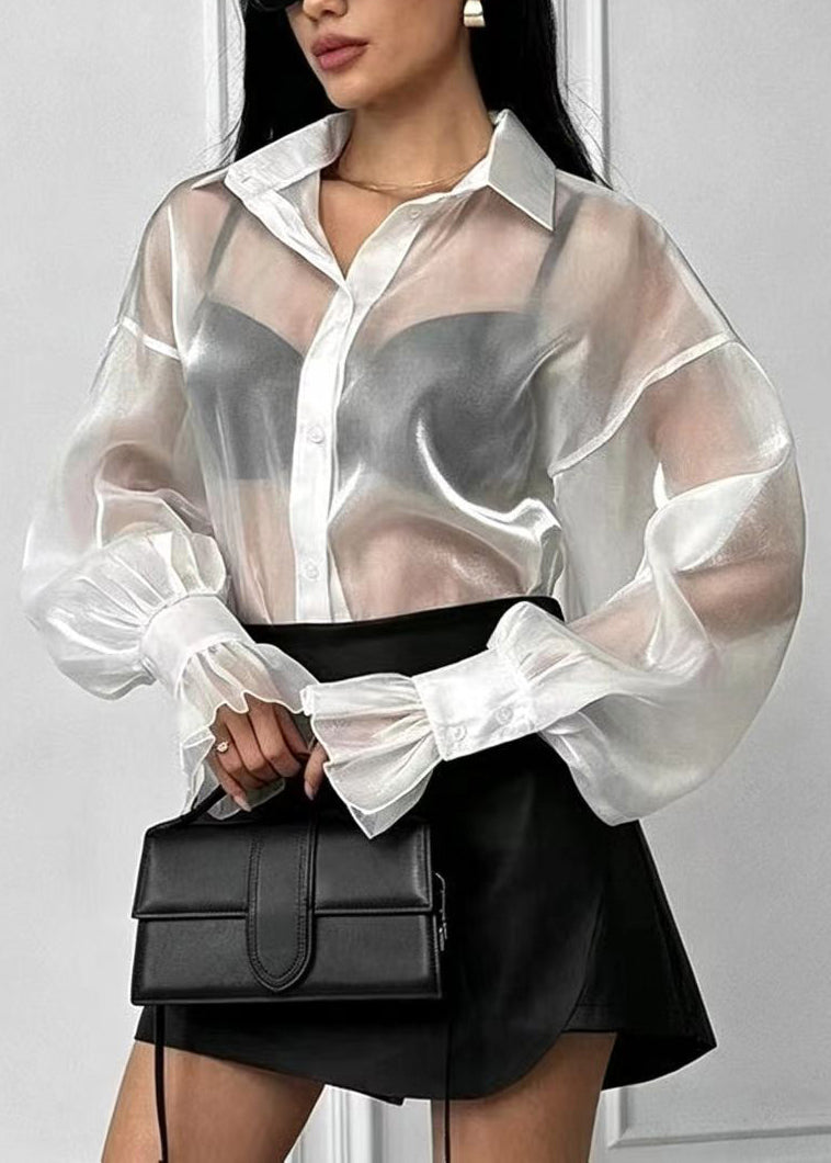 Stylish White Turn-Down Collar Sheer Mesh Shirt Top Long Sleeve