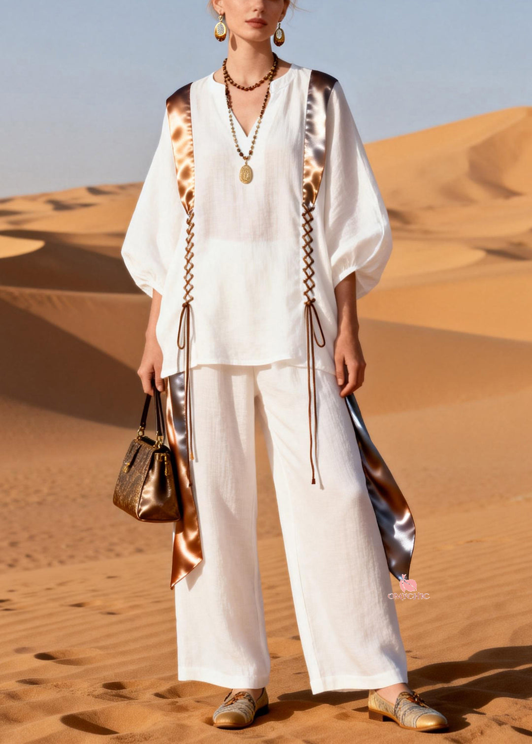 Stylish White V Neck Lace Up Patchwork Linen Two Pieces Set Lantern Sleeve