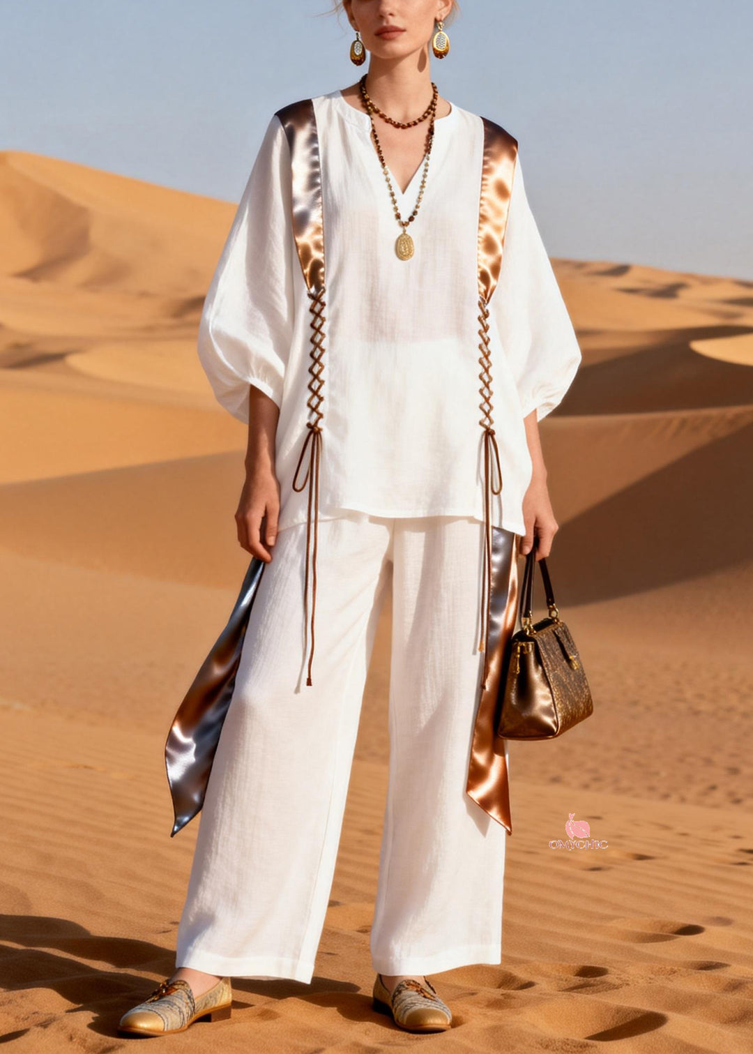 Stylish White V Neck Lace Up Patchwork Linen Two Pieces Set Lantern Sleeve