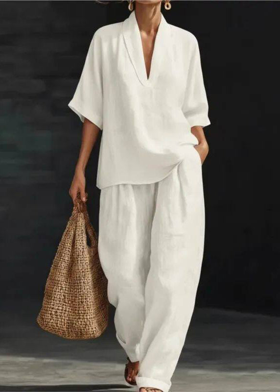 Stylish White V Neck Oversized Cotton Two-Piece Set Summer