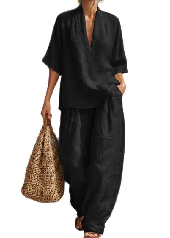 Stylish White V Neck Oversized Cotton Two-Piece Set Summer