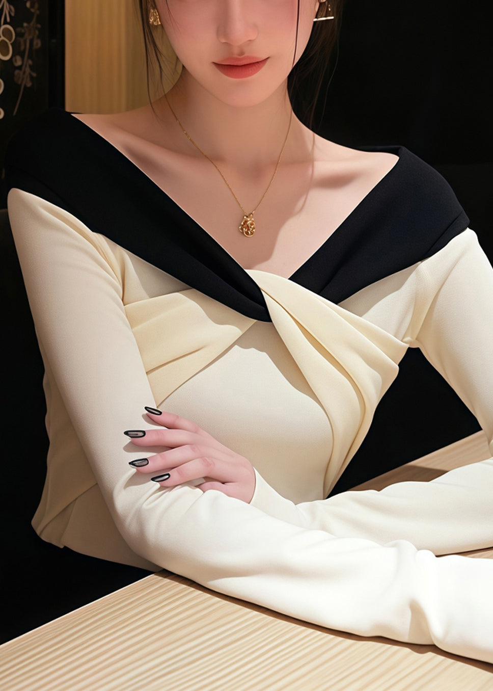 Stylish White V Neck Patchwork Knit Sweater Fall