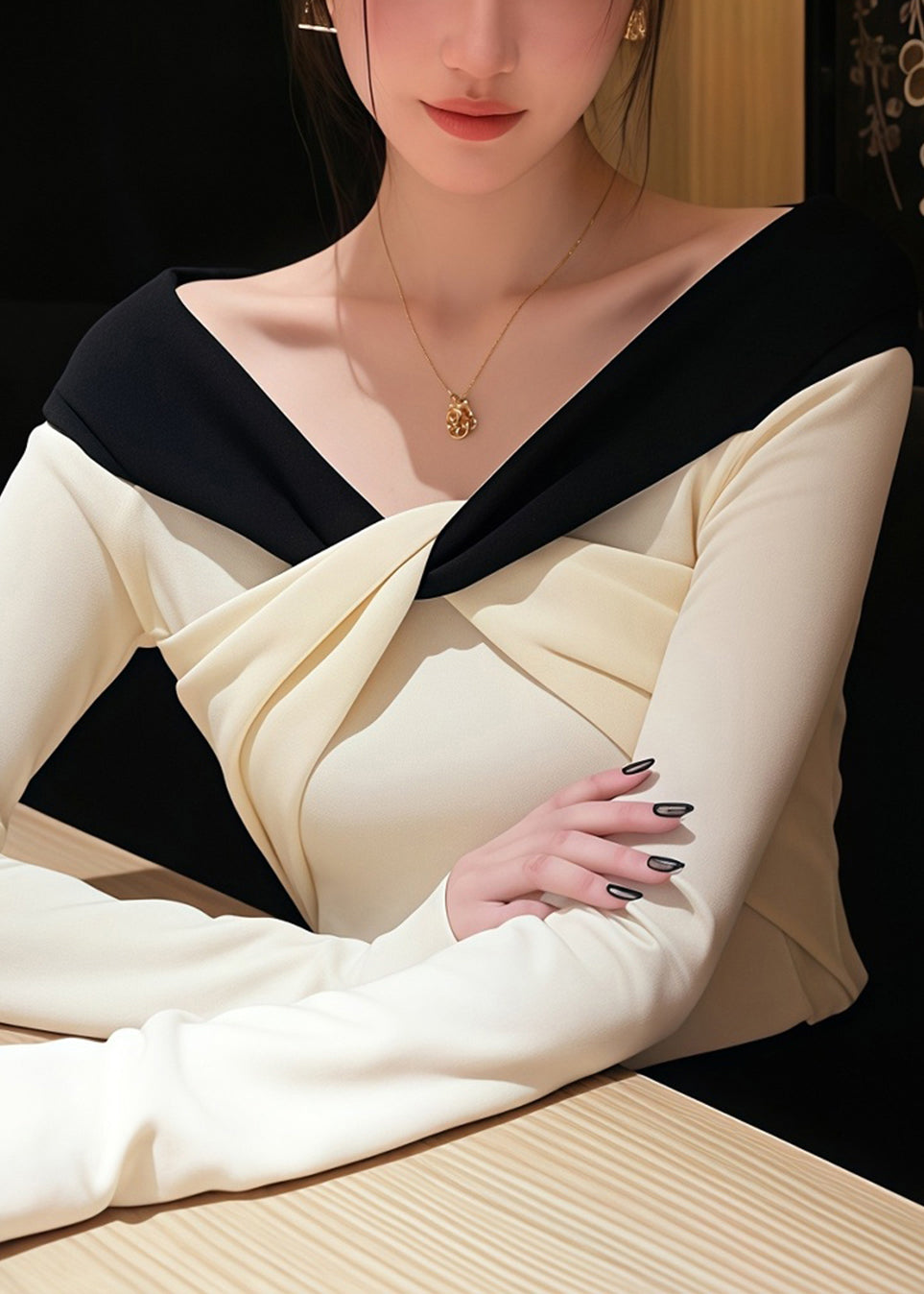 Stylish White V Neck Patchwork Knit Sweater Fall