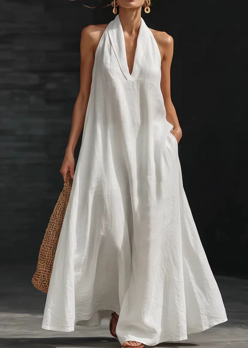 Stylish White V Neck Pockets Halter Cotton Dress Sleeveless