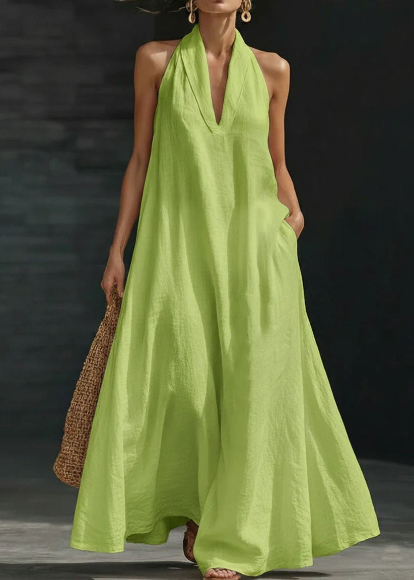 Stylish White V Neck Pockets Halter Cotton Dress Sleeveless