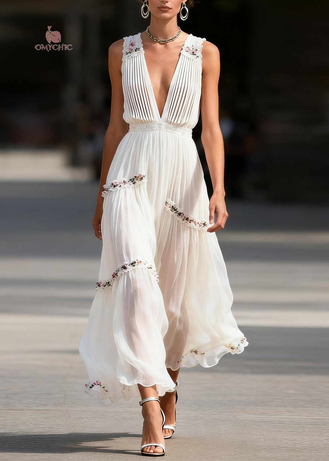 Stylish White V Neck Ruffled Floral Chiffon Long Dresses Sleeveless