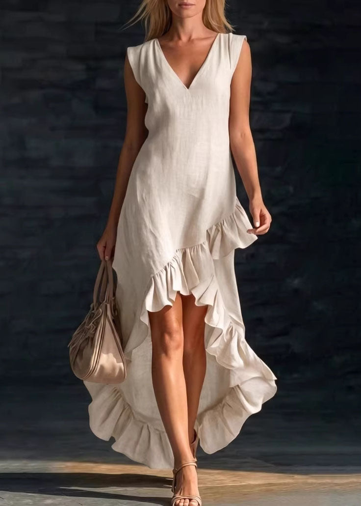 Stylish White V Neck Ruffled Patchwork Cotton Dresses Summer