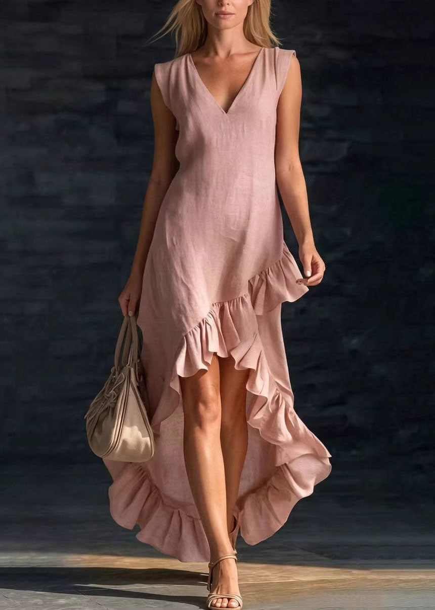 Stylish White V Neck Ruffled Patchwork Cotton Dresses Summer