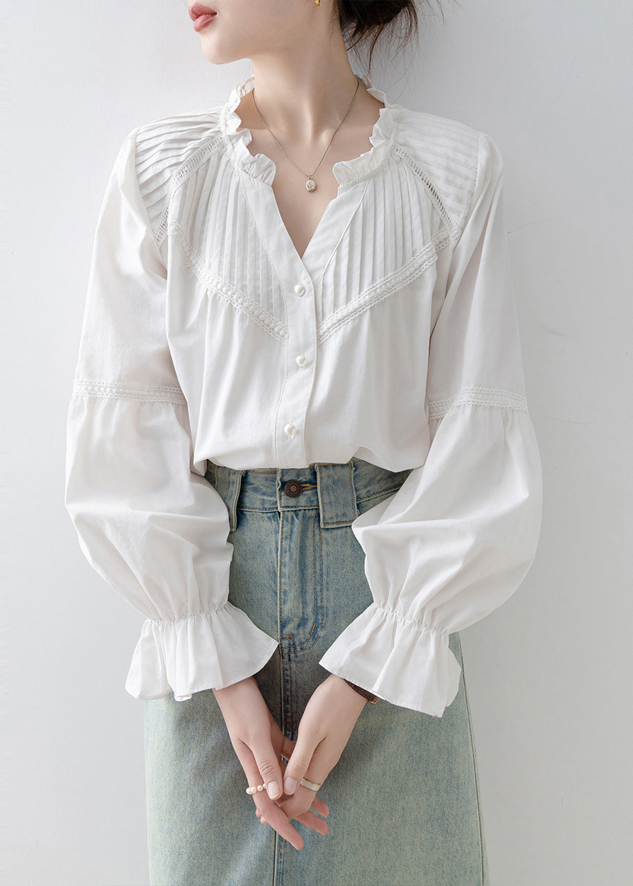 Stylish White V Neck Wrinkled Cotton Shirt Top Spring