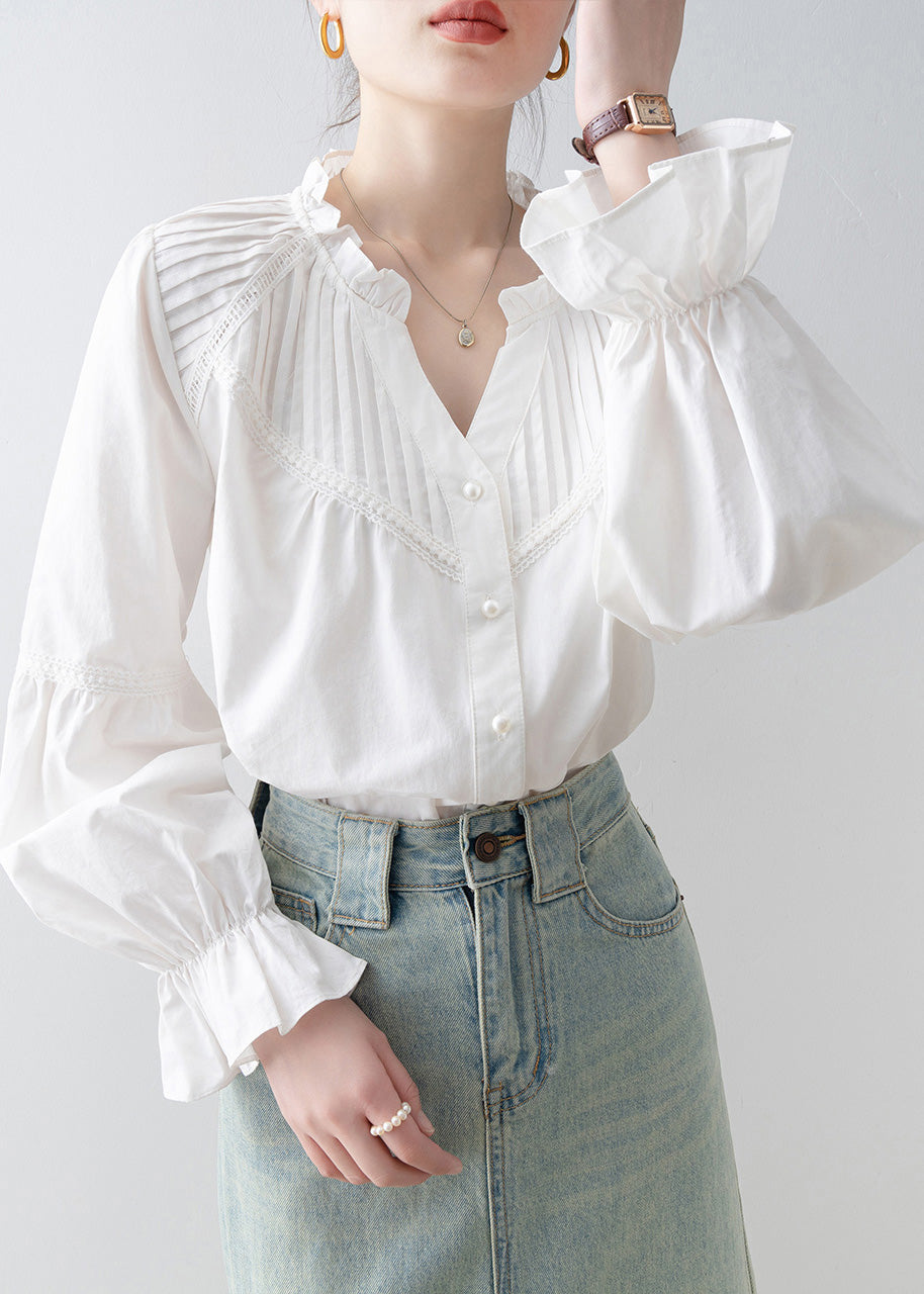 Stylish White V Neck Wrinkled Cotton Shirt Top Spring