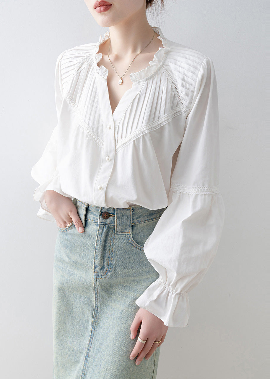 Stylish White V Neck Wrinkled Cotton Shirt Top Spring