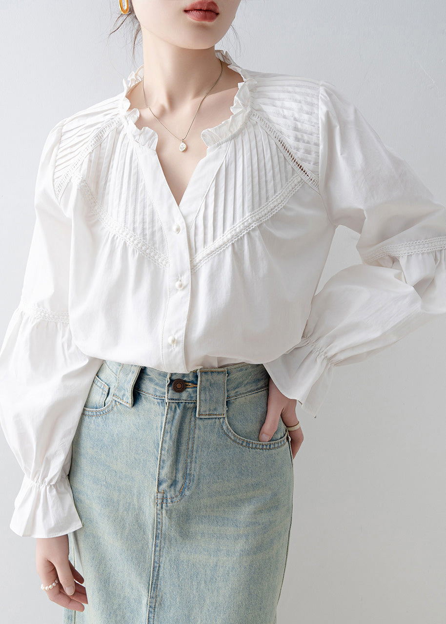 Stylish White V Neck Wrinkled Cotton Shirt Top Spring