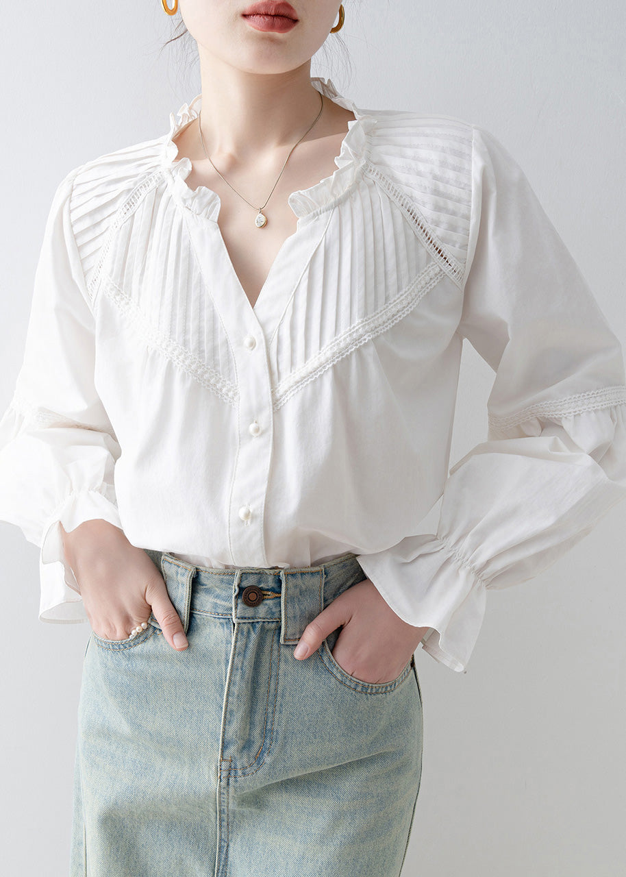 Stylish White V Neck Wrinkled Cotton Shirt Top Spring