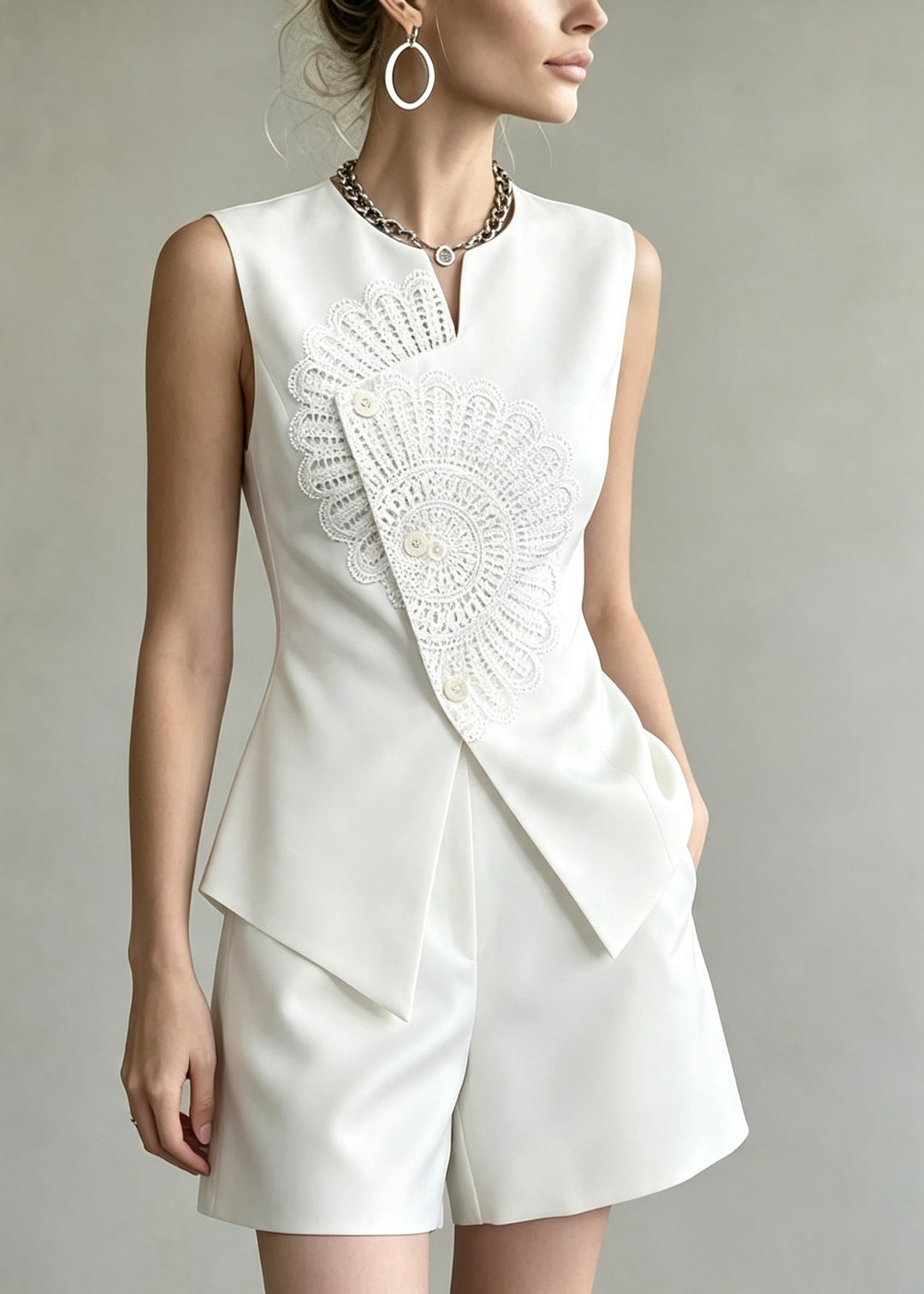 Stylish White Waistcoat Top And Shorts Two Pieces Set Sleeveless