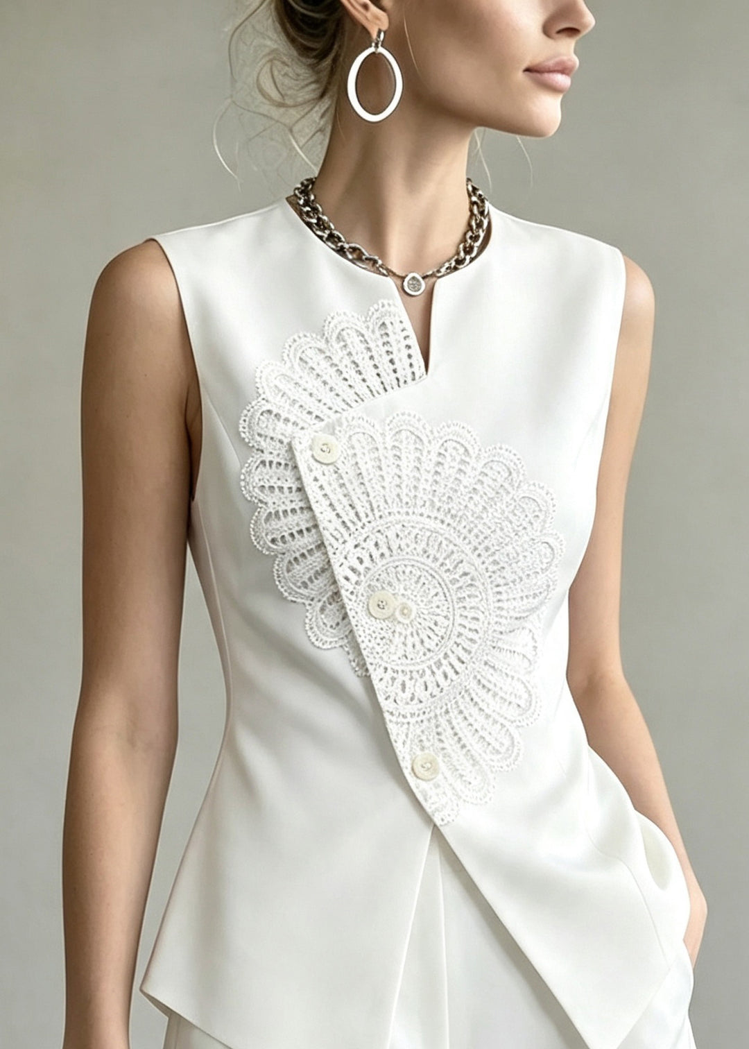 Stylish White Waistcoat Top And Shorts Two Pieces Set Sleeveless