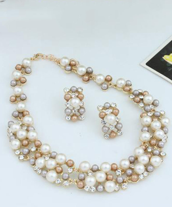 Stylish White Zircon Pearl Necklaces Set Earrings Jewelry Women
