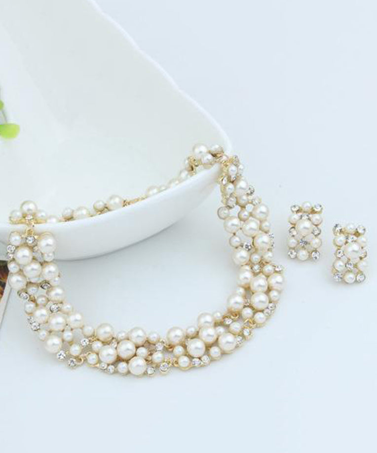 Stylish White Zircon Pearl Necklaces Set Earrings Jewelry Women