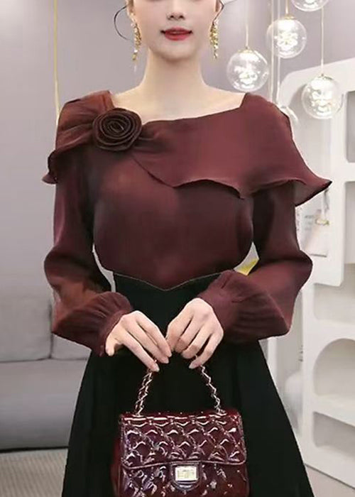 Stylish Wine Red Ruffled Floral Chiffon Blouses Spring