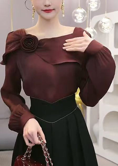 Stylish Wine Red Ruffled Floral Chiffon Blouses Spring