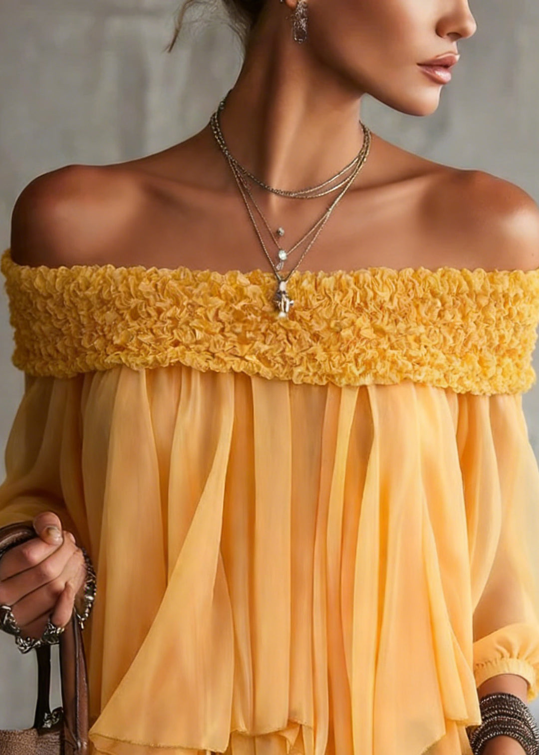 Stylish Yellow Asymmetrical Slash Neck Chiffon Blouse Tops Spring