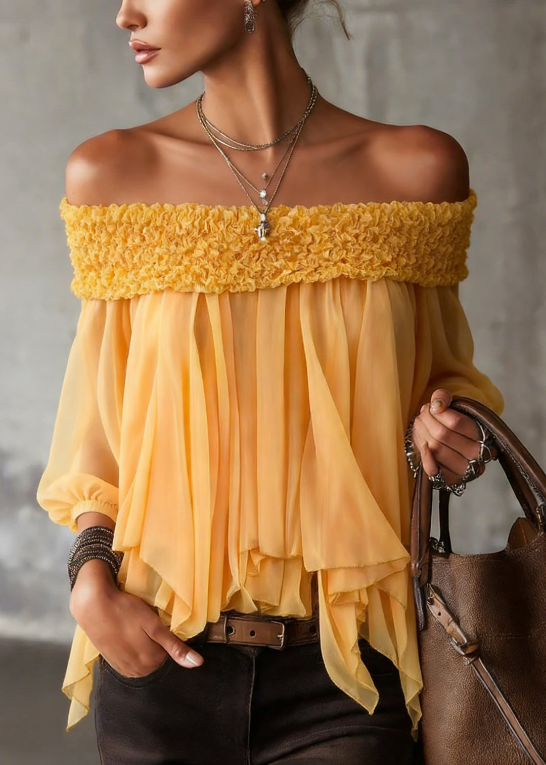 Stylish Yellow Asymmetrical Slash Neck Chiffon Blouse Tops Spring