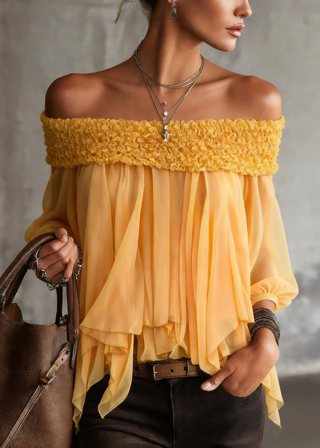 Stylish Yellow Asymmetrical Slash Neck Chiffon Blouse Tops Spring