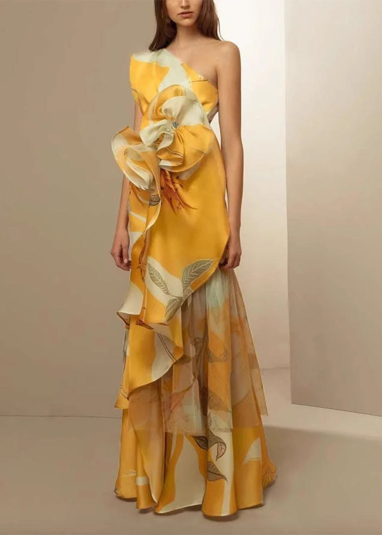 Stylish Yellow Cold Shoulder Asymmetrical Design Print Silk Long Dresses Summer