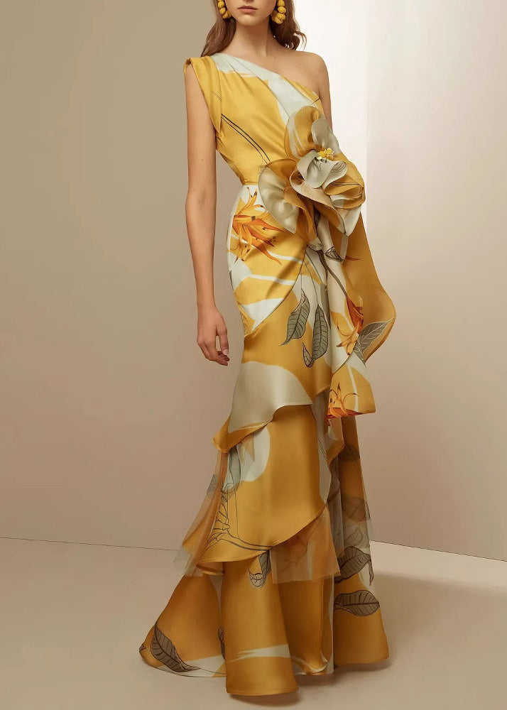Stylish Yellow Cold Shoulder Asymmetrical Design Print Silk Long Dresses Summer