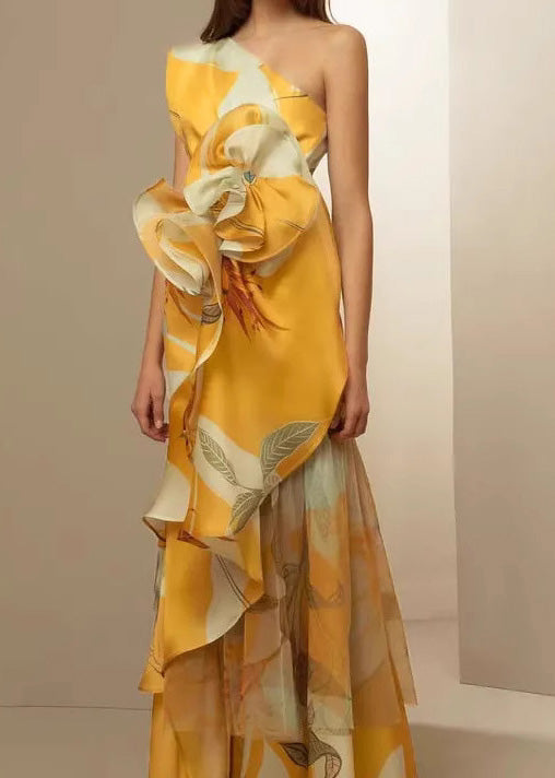 Stylish Yellow Cold Shoulder Asymmetrical Design Print Silk Long Dresses Summer