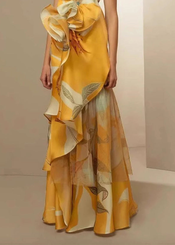 Stylish Yellow Cold Shoulder Asymmetrical Design Print Silk Long Dresses Summer