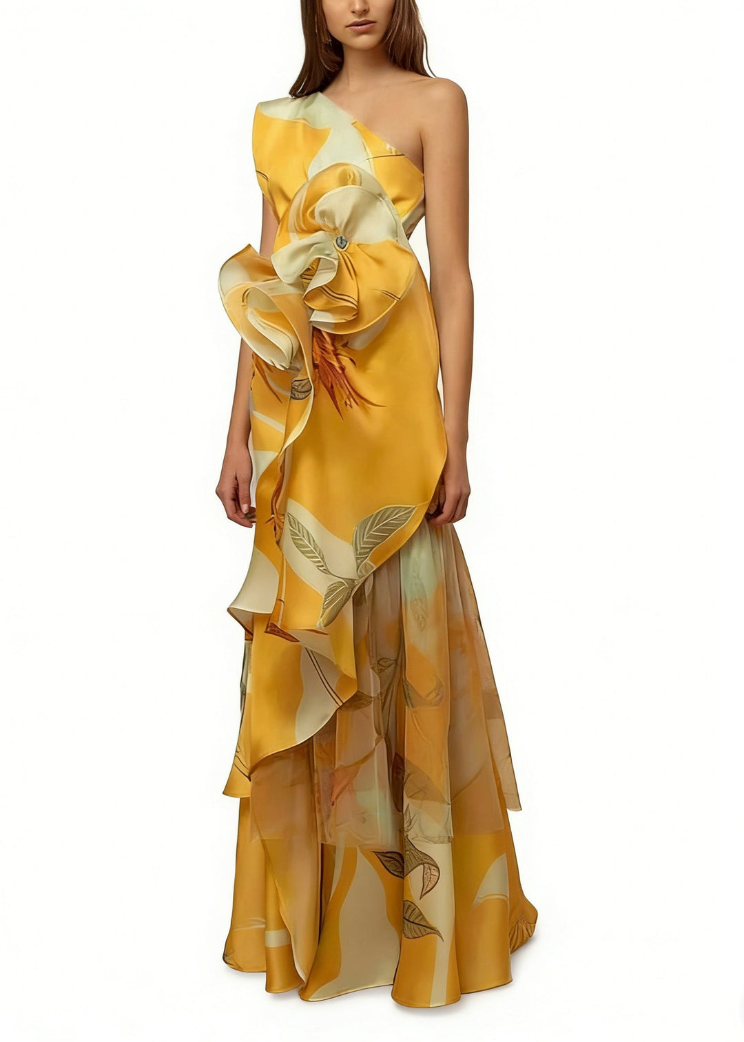 Stylish Yellow Cold Shoulder Asymmetrical Design Print Silk Long Dresses Summer