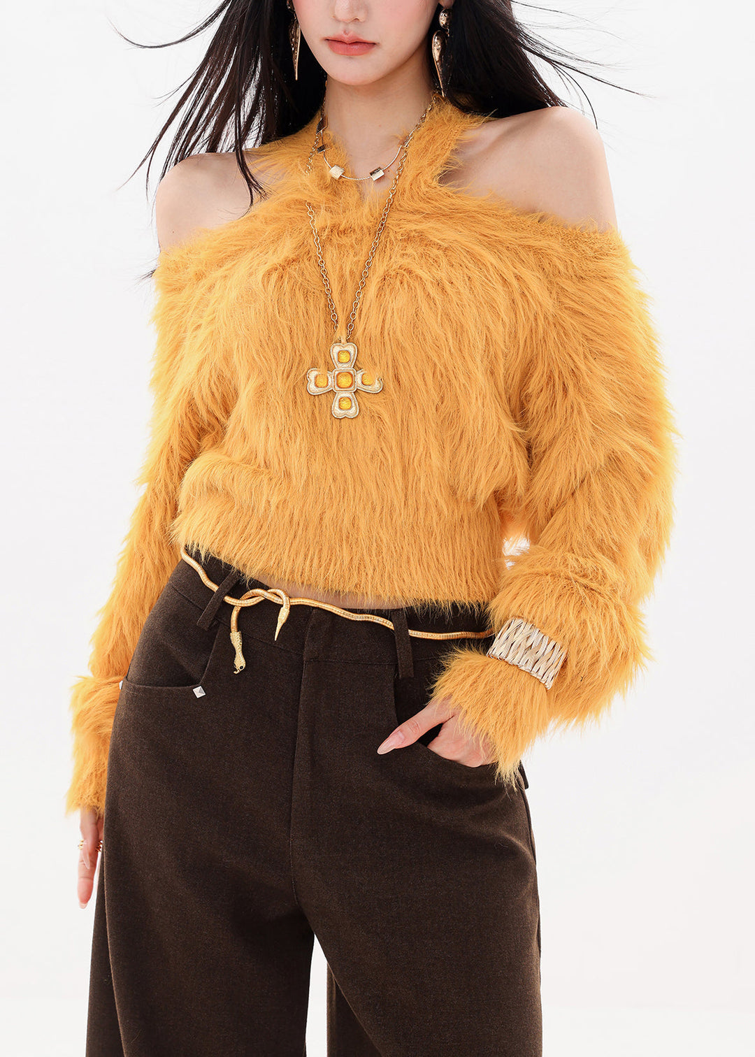 Stylish Yellow Cold Shoulder Fur Knitted Sweaters Tops Spring