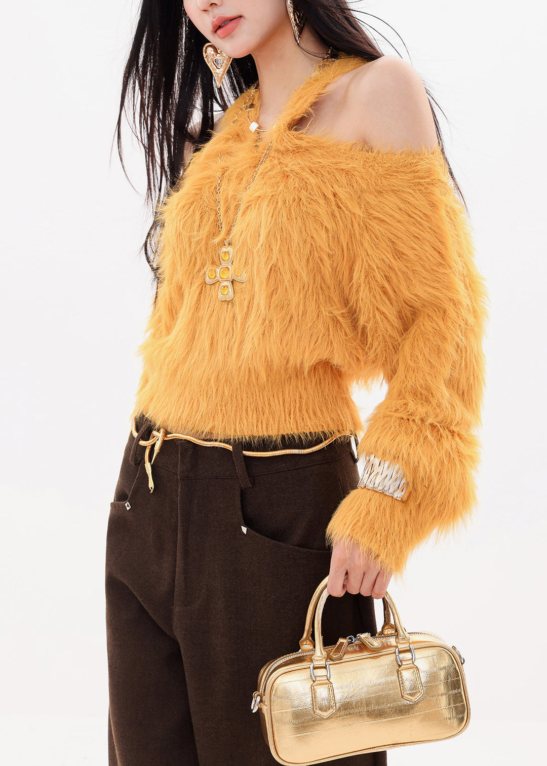 Stylish Yellow Cold Shoulder Fur Knitted Sweaters Tops Spring