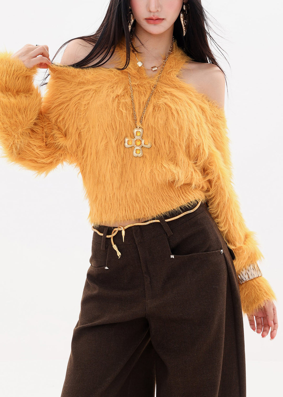 Stylish Yellow Cold Shoulder Fur Knitted Sweaters Tops Spring