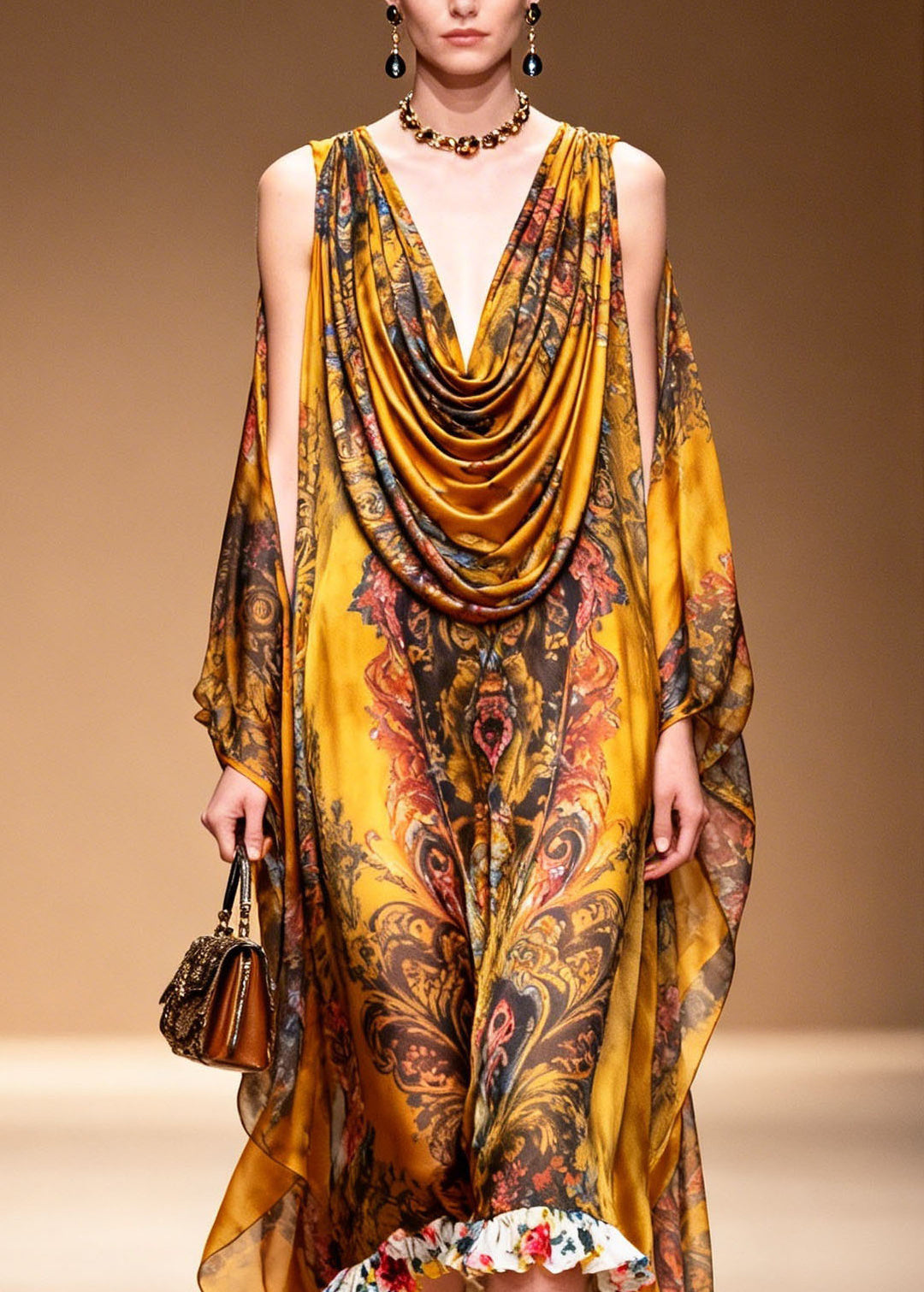 Stylish Yellow Cold Shoulder Print Chiffon Maxi Dresses Summer