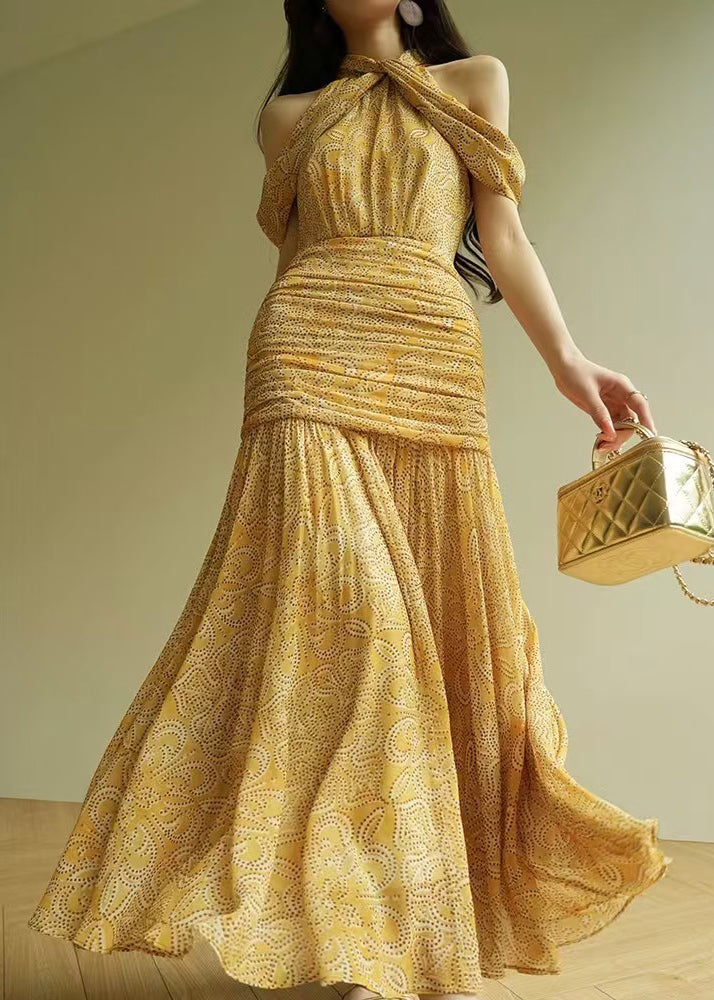 Stylish Yellow Cold Shoulder Print Wrinkled Cotton Long Dresses Sleeveless