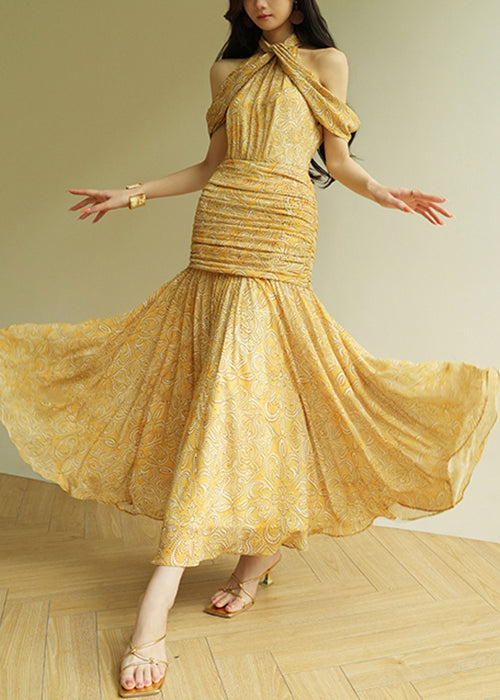 Stylish Yellow Cold Shoulder Print Wrinkled Cotton Long Dresses Sleeveless
